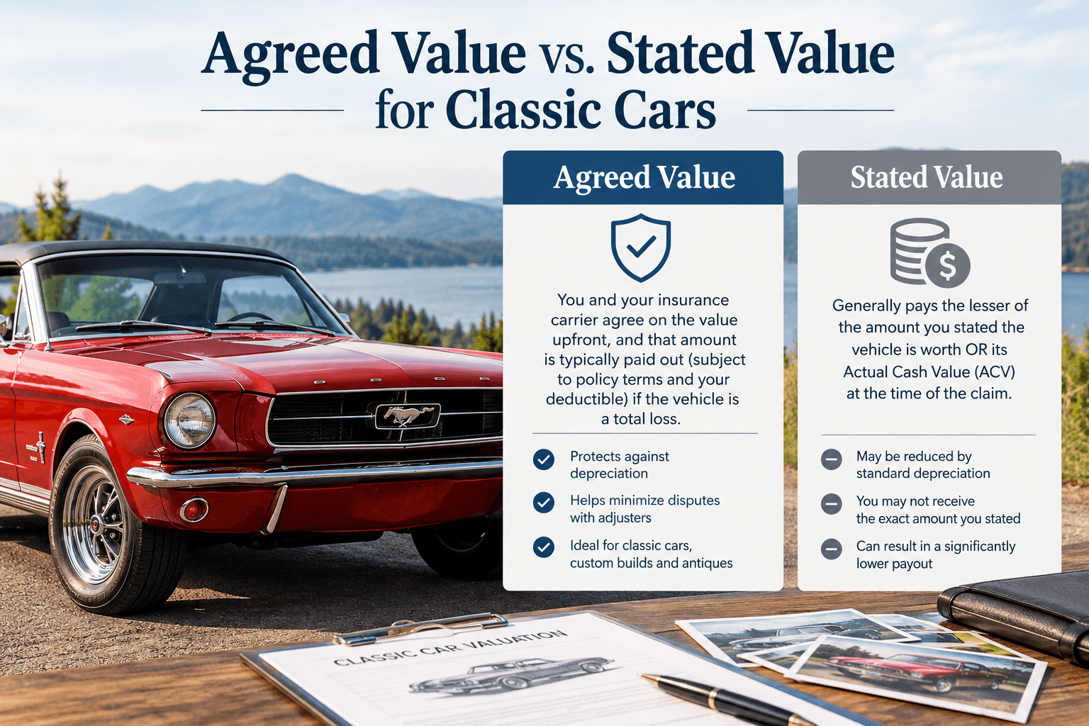 Infographic comparing agreed value, where you and your carrier set the payout upfront, with stated value, which generally pays the lesser of your stated amount or actual cash value