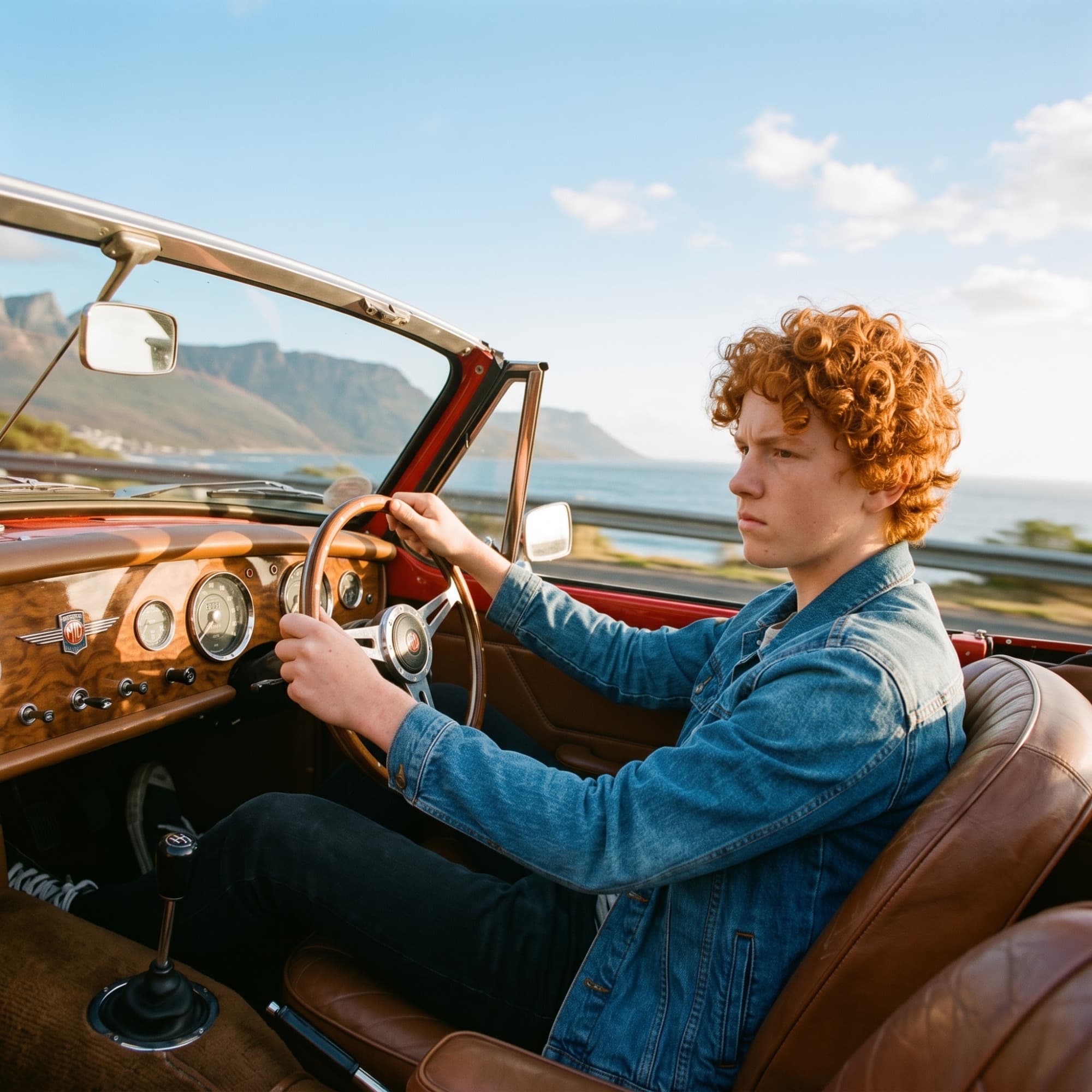 Young driver behind the wooden steering wheel of a vintage convertible on a coastal road
