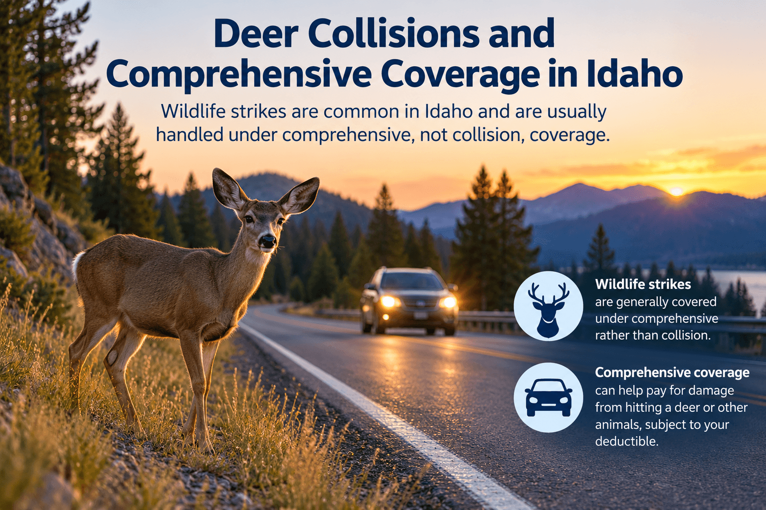 Infographic explaining that deer and wildlife strikes in Idaho are generally covered under comprehensive, not collision, subject to the deductible