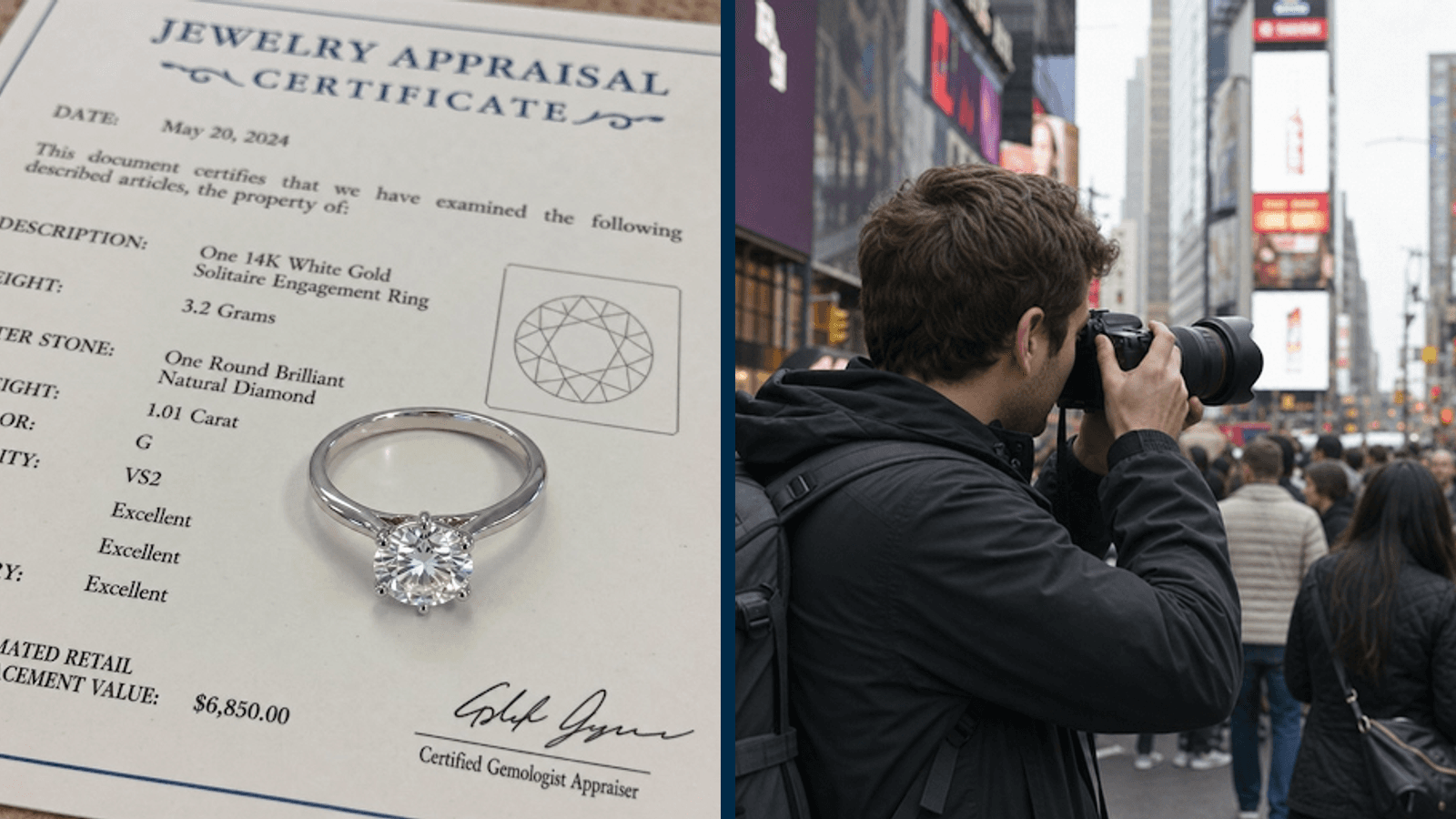 Engagement ring on a jewelry appraisal certificate beside a photographer using a professional camera